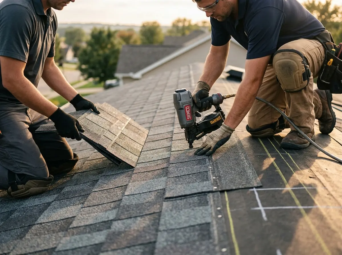 Professional roofer working on a residential roof in Magnolia